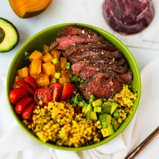 Leftover Steak with Beet and Arugula Grain Bowl
