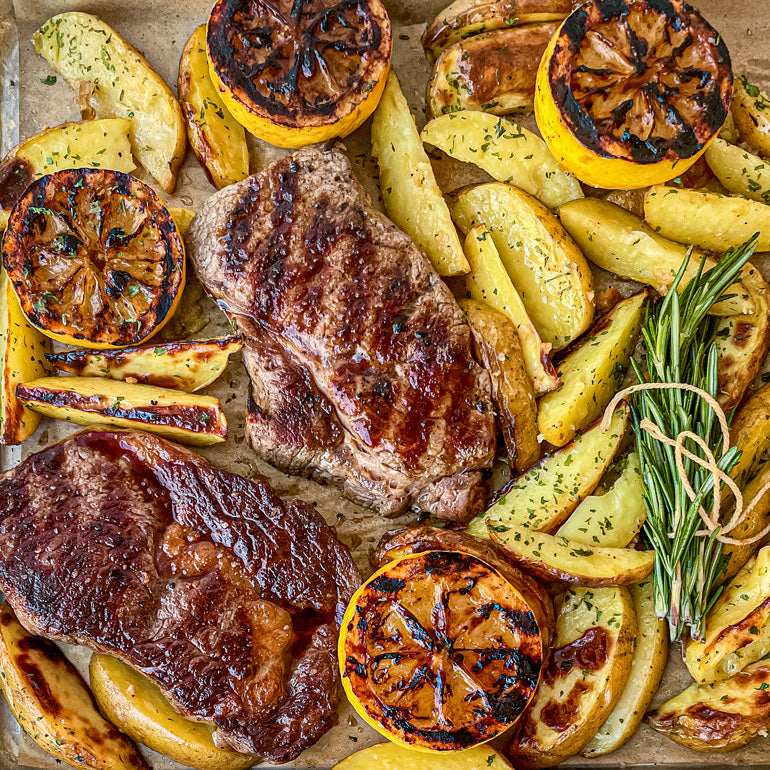 Sheet Pan Ribeye with Roasted Potatoes, Garlic and Lemon