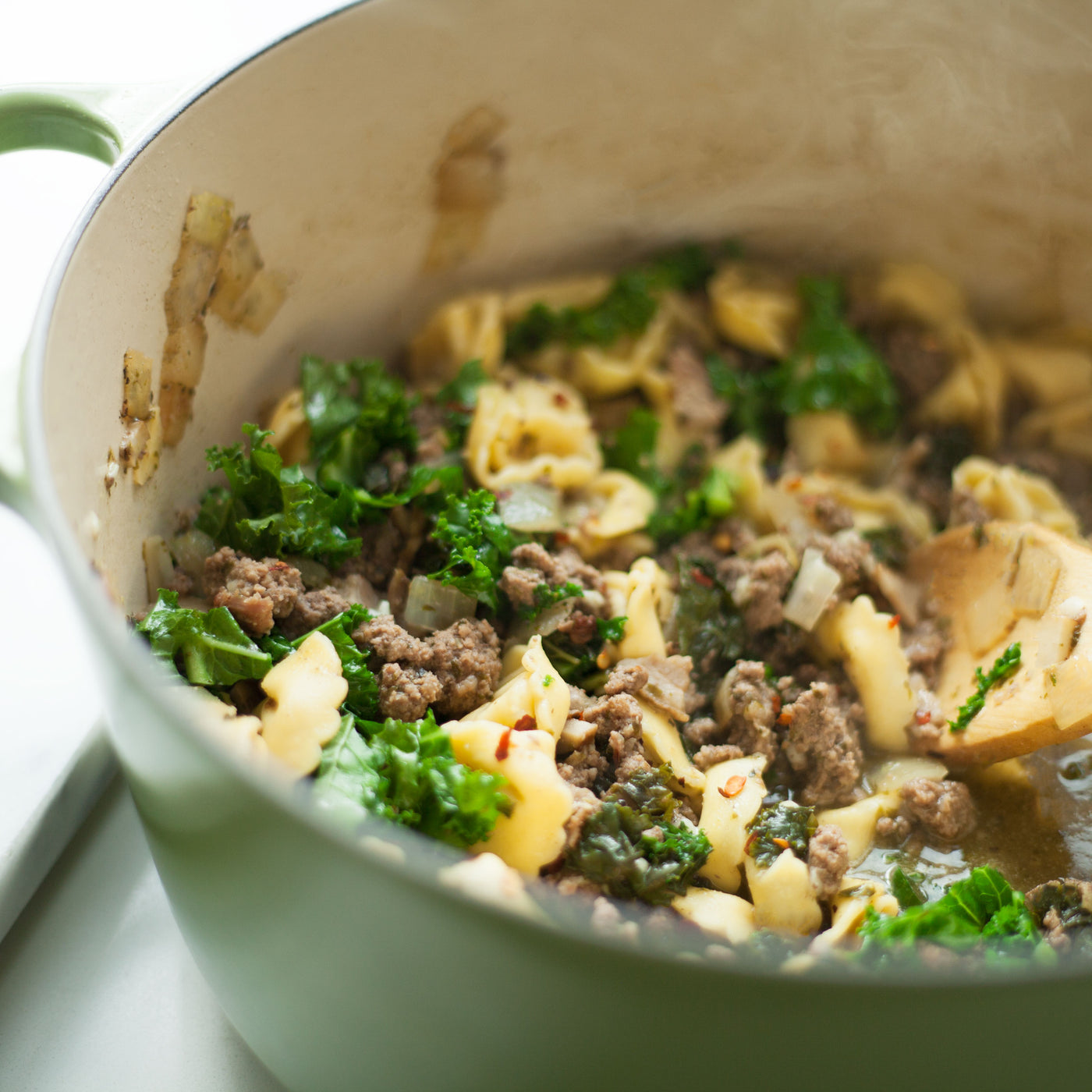 Beef, Kale, Pesto Skillet with Cheese Tortellini