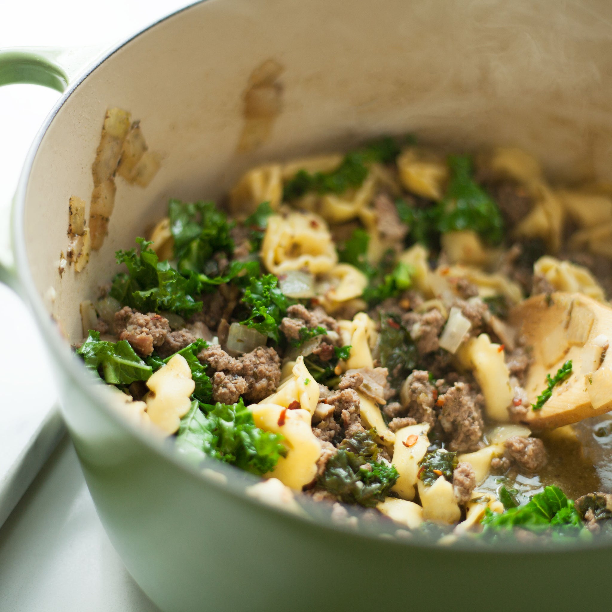 Beef, Kale, Pesto Skillet with Cheese Tortellini