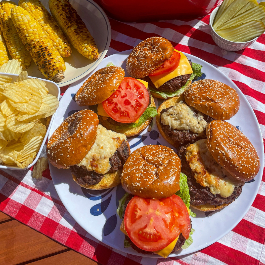 Blended burgers on platter