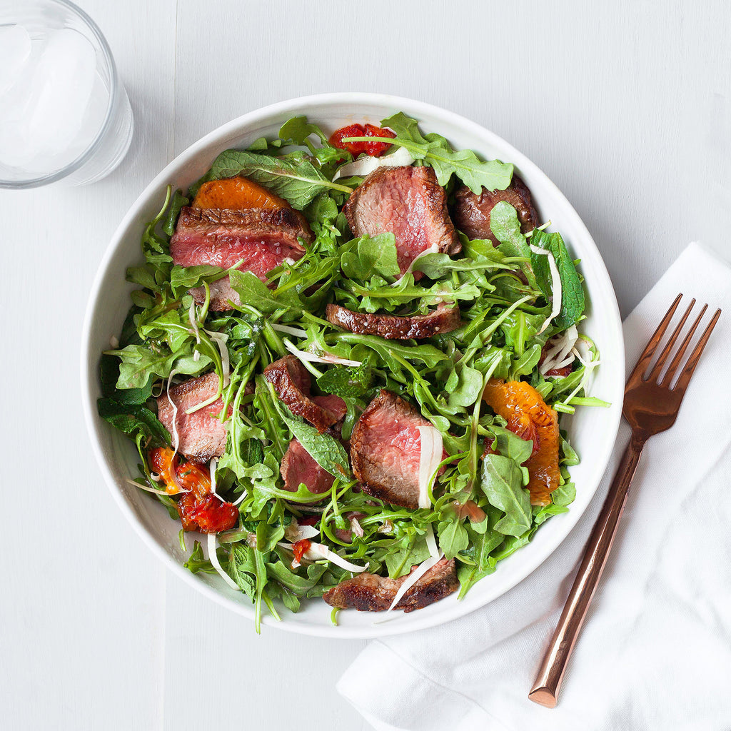 Arugula Steak Salad with Caramelized Oranges and Rose Vinaigrette