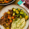 Instant Pot Beef Bourguignon with Cauliflower Mash and Roasted Brussels Sprouts