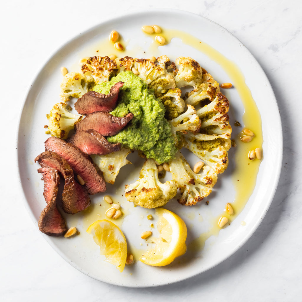 Sweet Pea Mint Pesto with Cauliflower and Filet Mignon