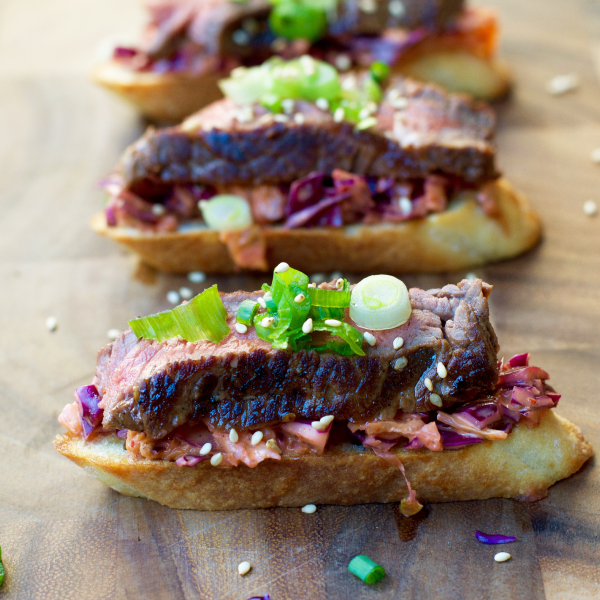 Korean BBQ Steak Bruschetta with Kimchi Slaw