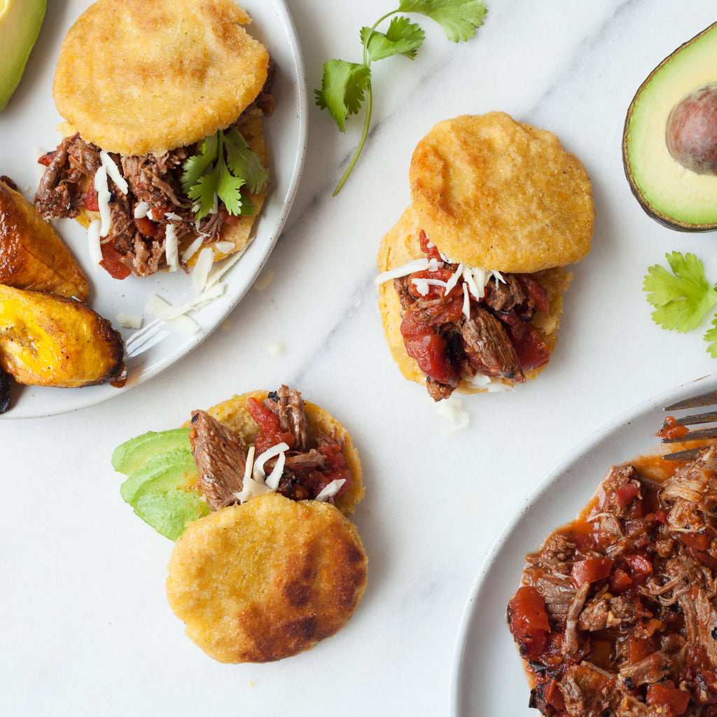 Colombian Stewed Beef with Hogao and Crispy Corn Arepas