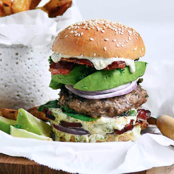 Paleo Bacon Garlic Avocado Burger