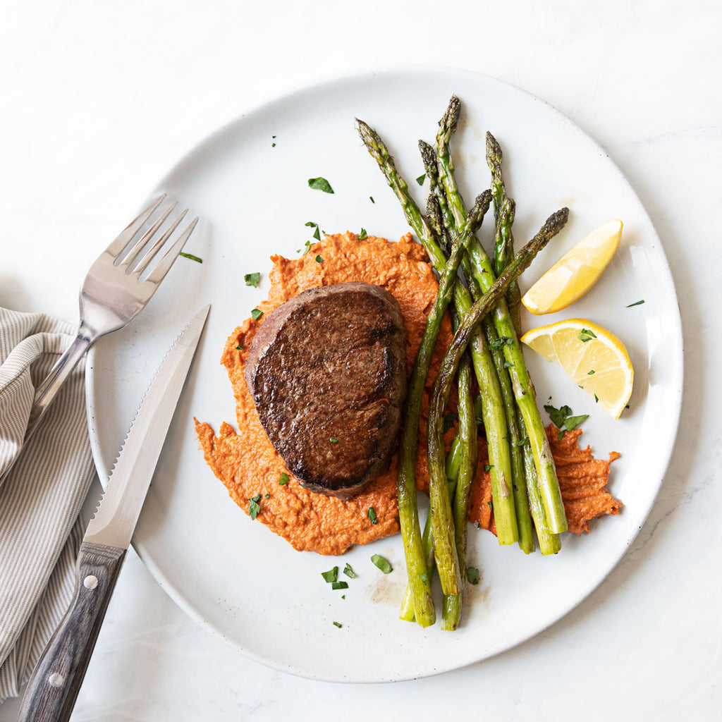 Filet Mignon with Asparagus and Sun-Dried Tomato Romesco