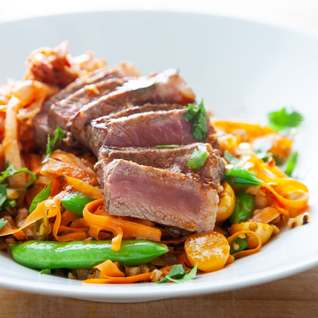 Thai Peanut Steak with Cauliflower Rice and Carrot Noodles