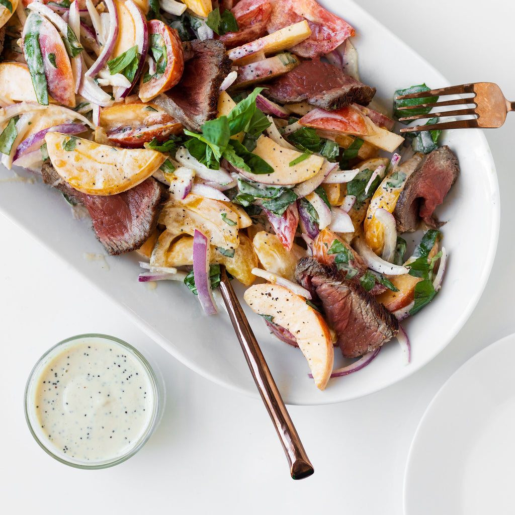 Heirloom Tomato and Steak Salad with Peach Poppy Seed Dressing
