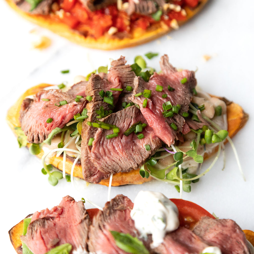 Sweet Potato Toast with Marinated Beans and Top Sirloin