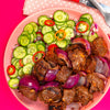 Mishkaki Kabobs with Grilled Lemons and Cucumber Salad