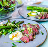 Filet Mignon with Green Olive Caper Butter, Asparagus, and Poached Egg