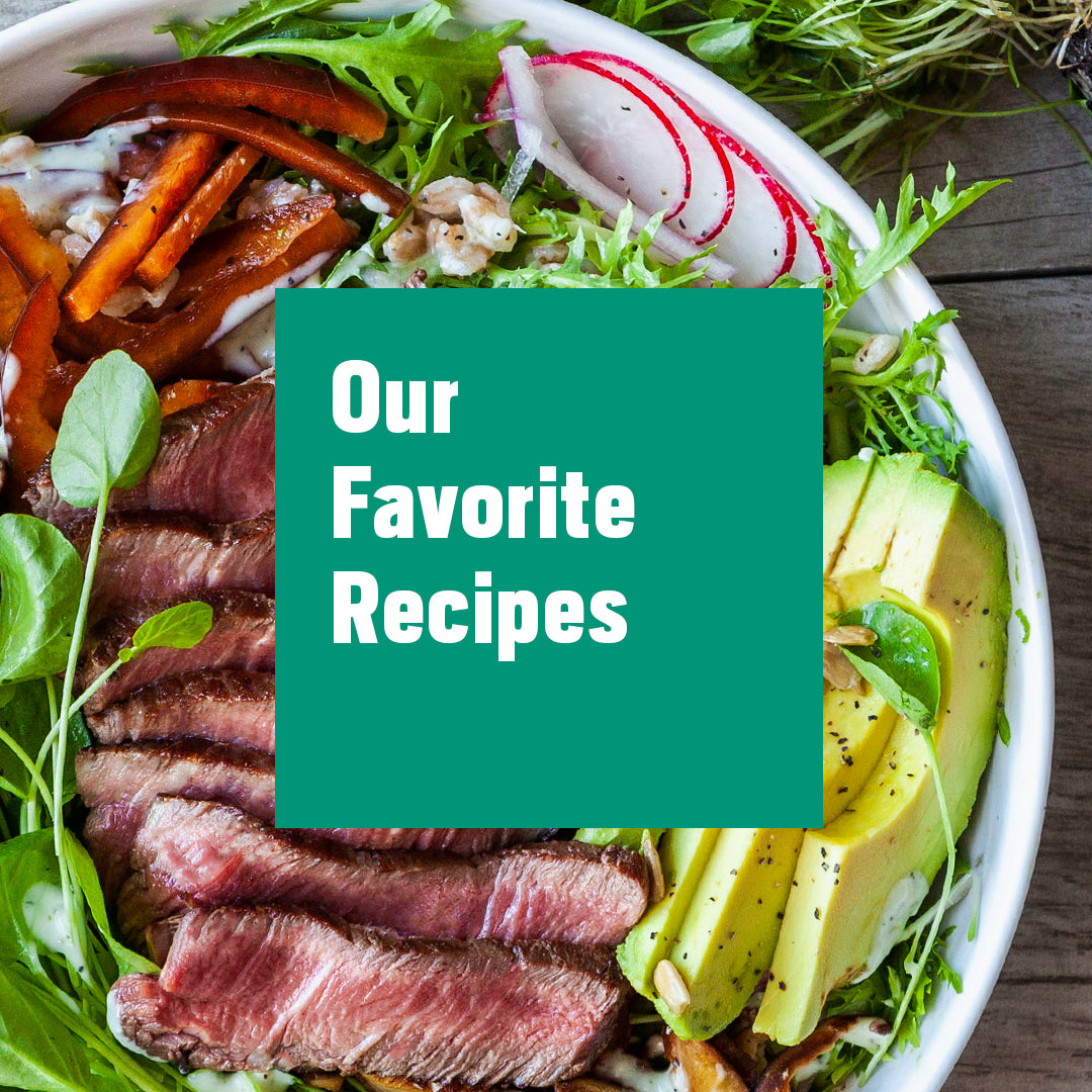 Text that says Our Favorite Recipes, over a colorful salad with avocado, radishes, and carrots