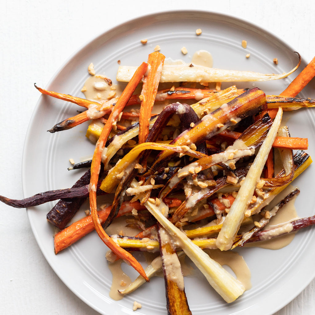 Roasted Balsamic Carrots with Tahini and Crushed Peanuts