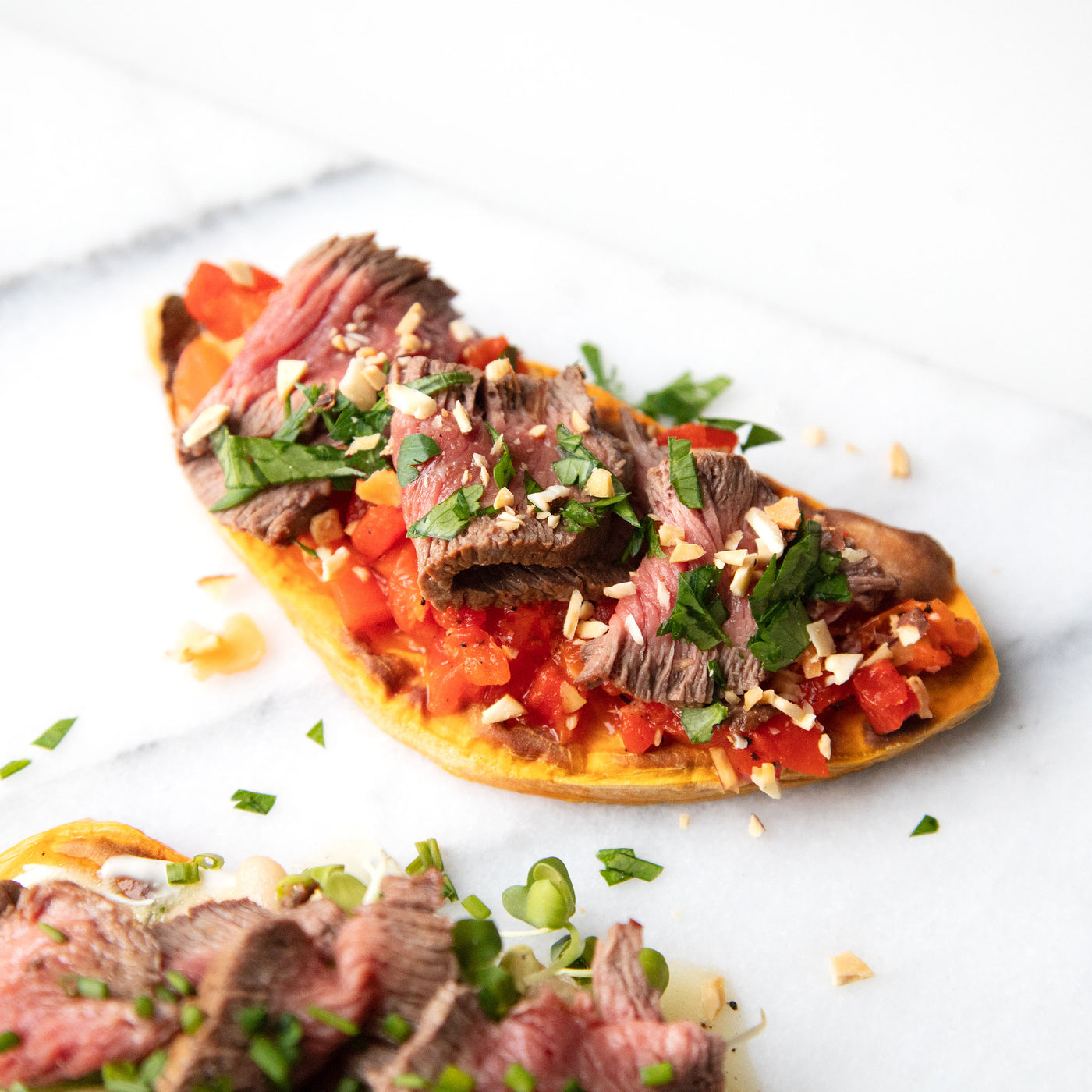 Whole30 Romesco Sweet Potato Toast with Top Sirloin Steak