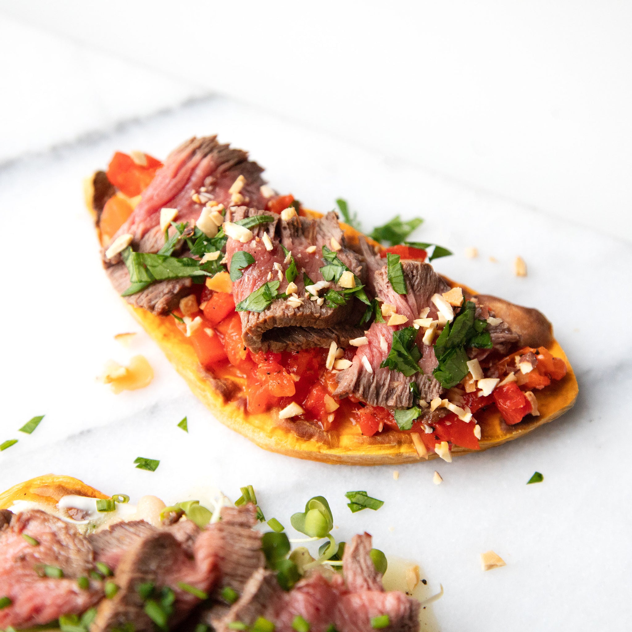 Whole30 Romesco Sweet Potato Toast with Top Sirloin Steak