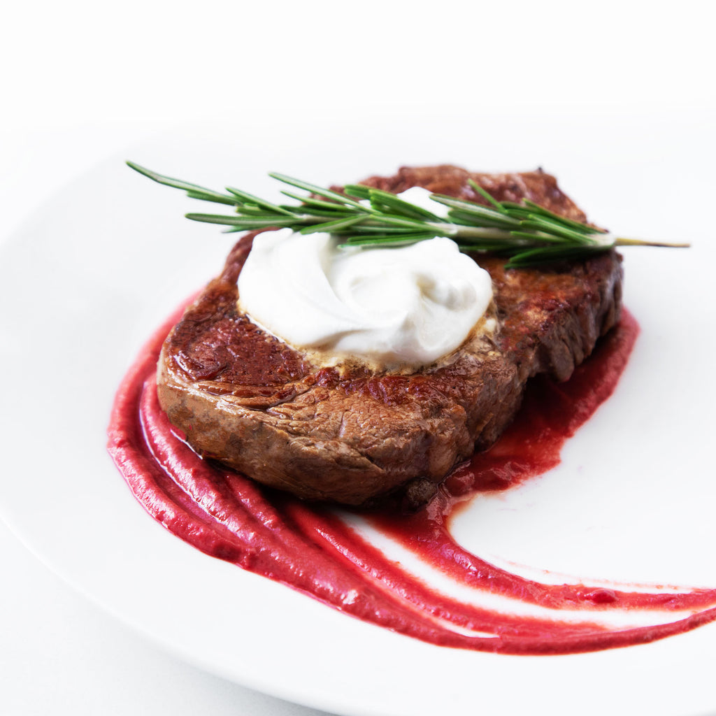 Ribeye with Rosemary Beet Reduction and Whipped Chèvre