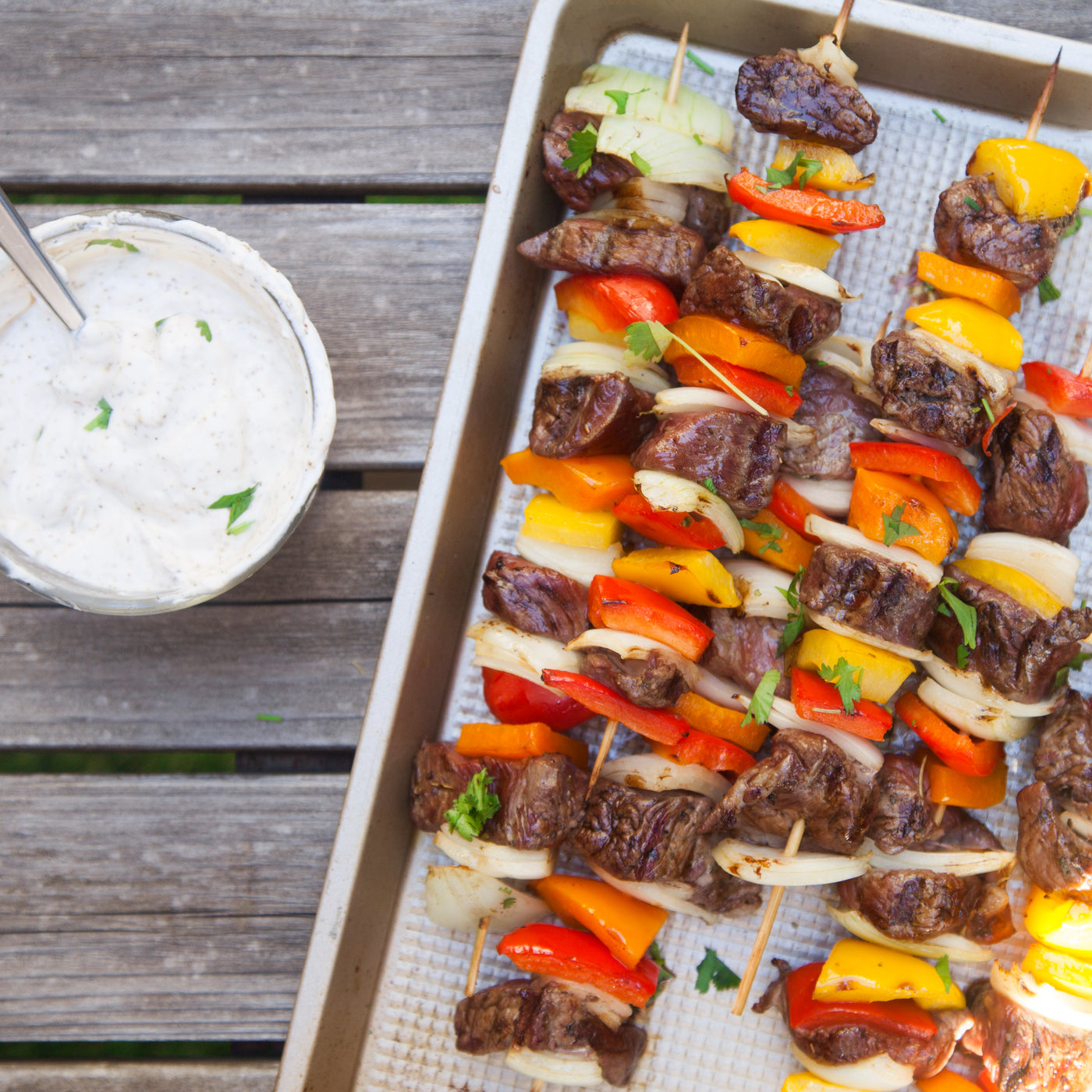 Za'atar Beef and Vegetable Kabobs with Cumin Mint Yogurt