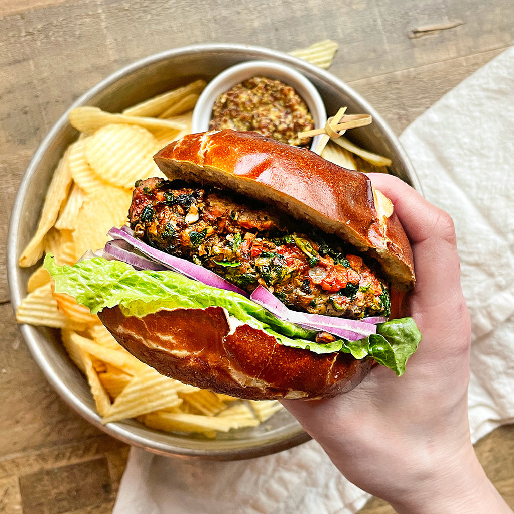 Sweet Potato Spinach Blended Burger with Grain Mustard