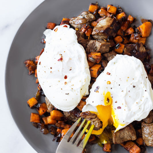 Sweet Potato and Beef Hash with Poached Eggs