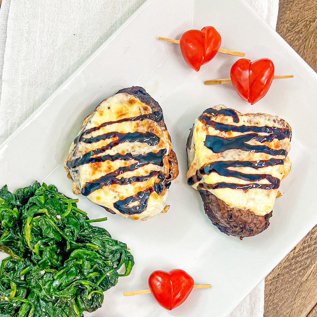 Valentine’s Day Air Fryer Filet Mignon with Mozzarella & Balsamic Reduction