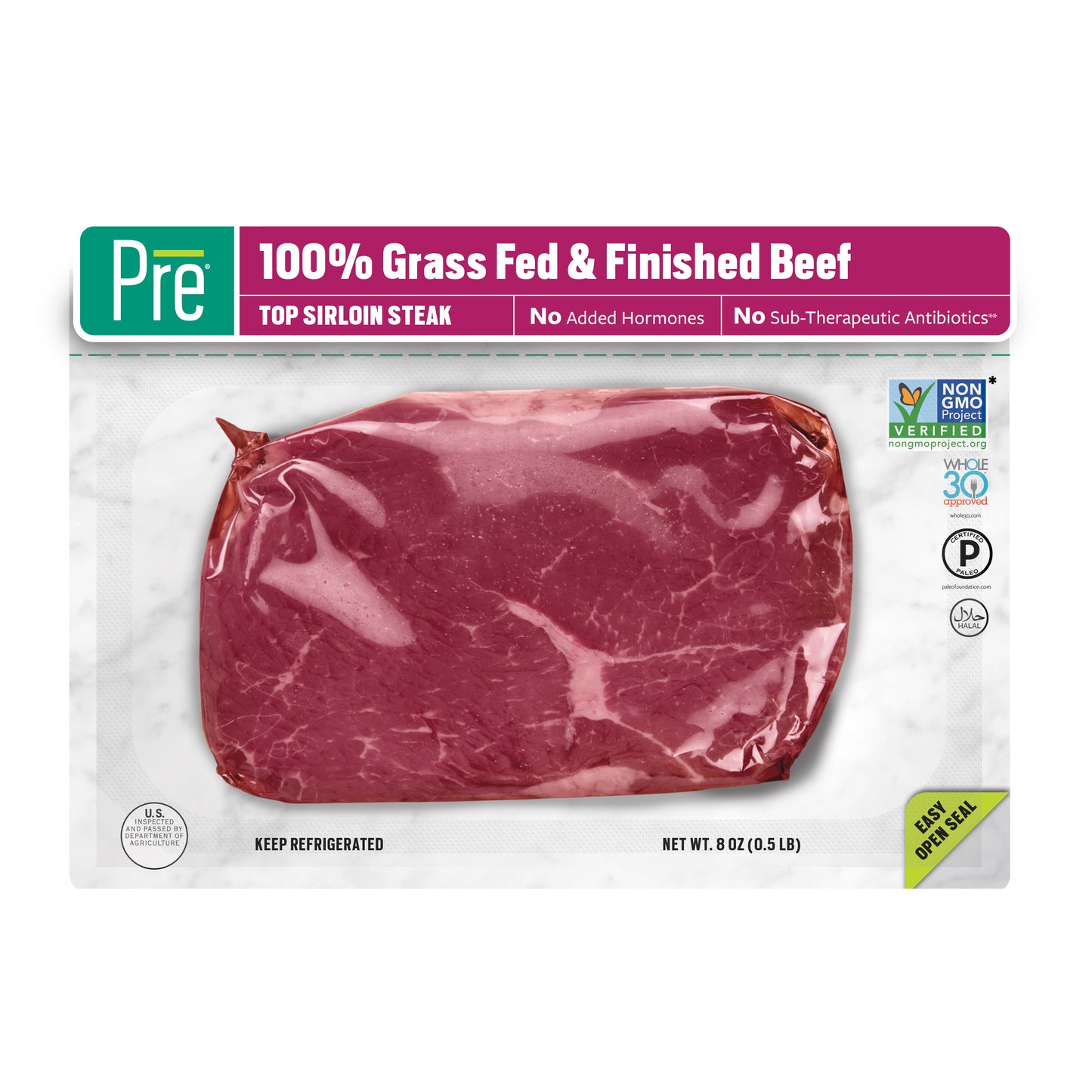 The front of a package of Pre Brands Top Sirloin Steak. It has a transparent film to see the steak and the logos on the right say Whole30, Paleo, and Halal, and Non-GMO Project Verified.