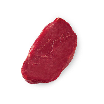 A photo of a raw top sirloin steak on a white background.